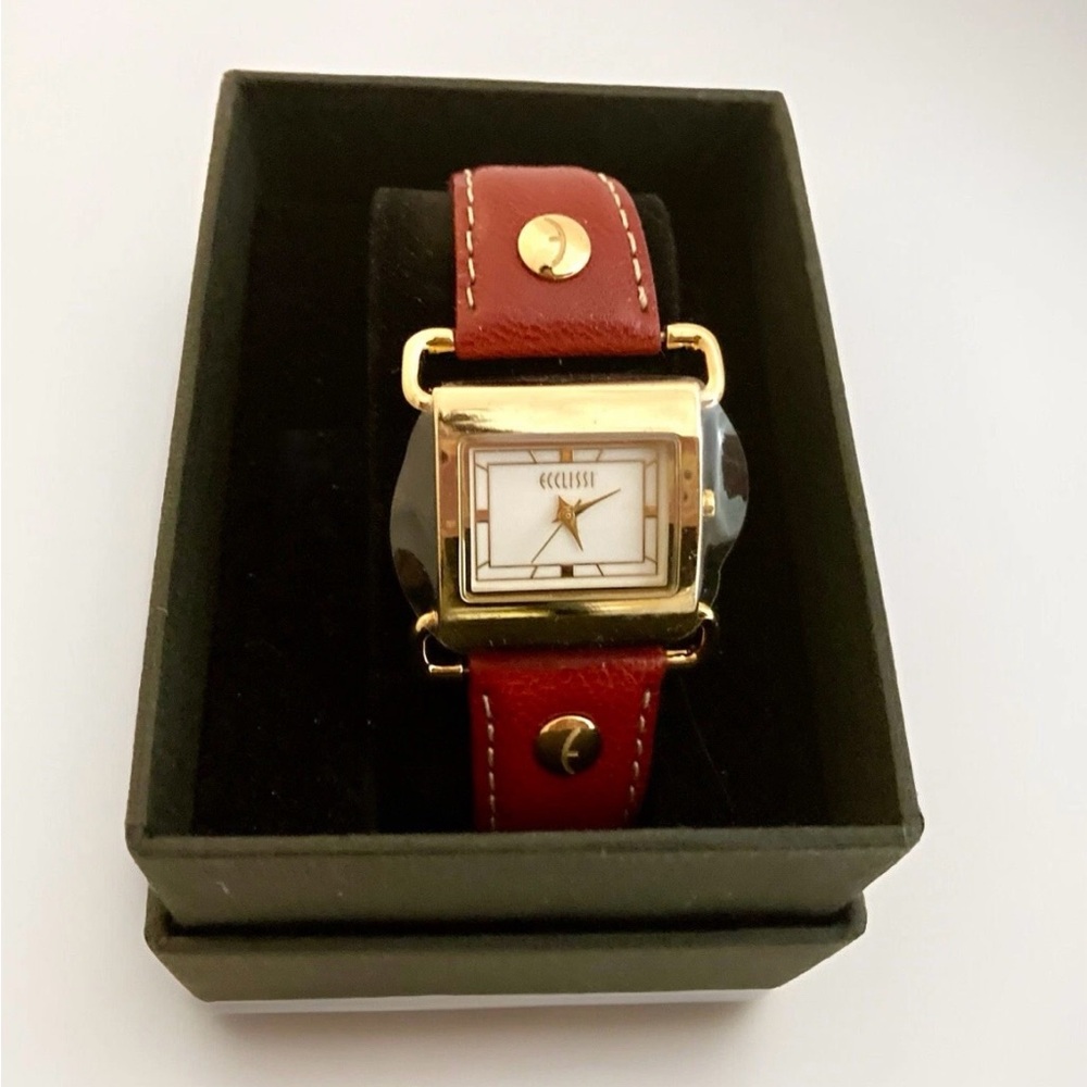 Ecclissi Women Quarts Analog Gold Tone Red Leather Band Watch New In Box